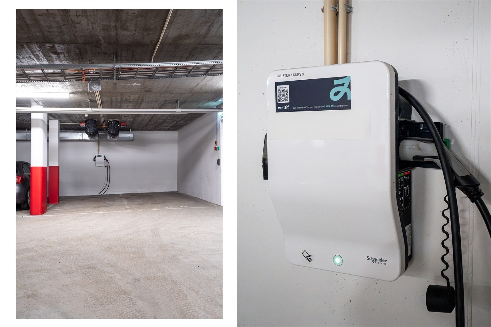 Like utenfor heisen har du tilgang på én romslig parkeringsplass med elbillader der det også er god plass til å parkere sykkel eller lignende. Galleribilde