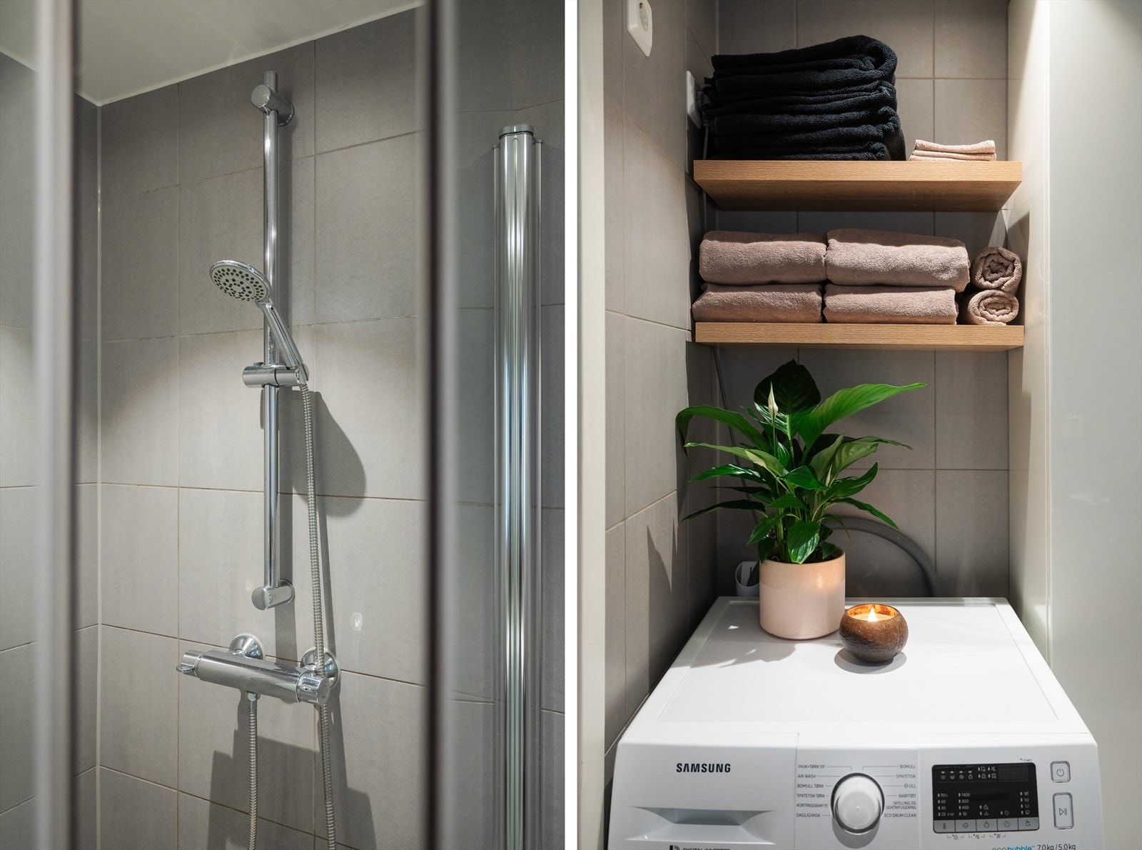 Det er opplegg og plass til vaskemaskin på baderommet. Galleribilde