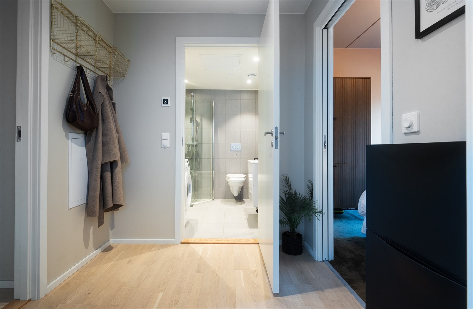 Romslig entré med god plass til oppbevaring av sko og yttertøy. Galleribilde