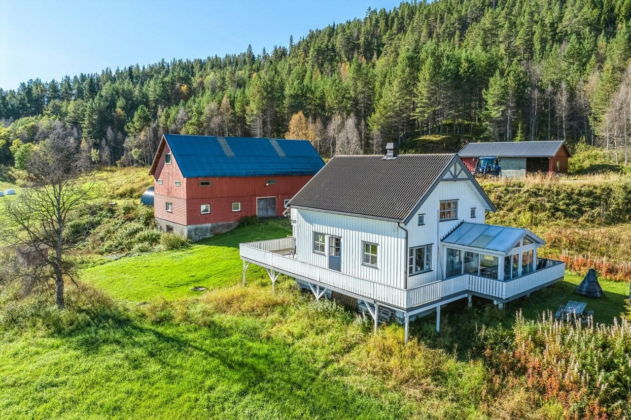 Våningshus med driftsbygning og vognskjul i bakgrunnen Galleribilde