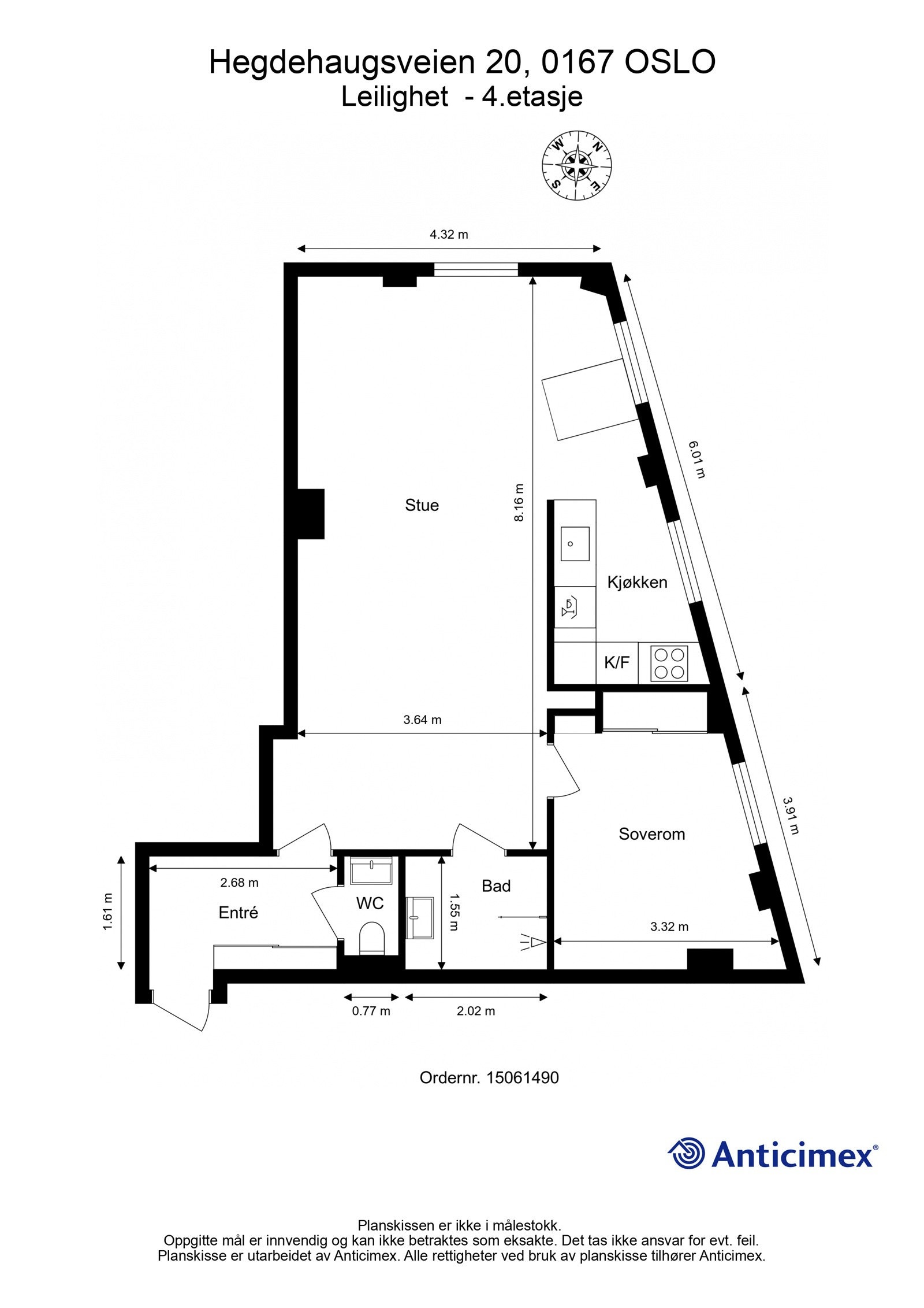 Fjerde etasje: - BRA-i 64 m²: (Entre, stue/kjøkken, bad, toalettrom og soverom) Galleribilde
