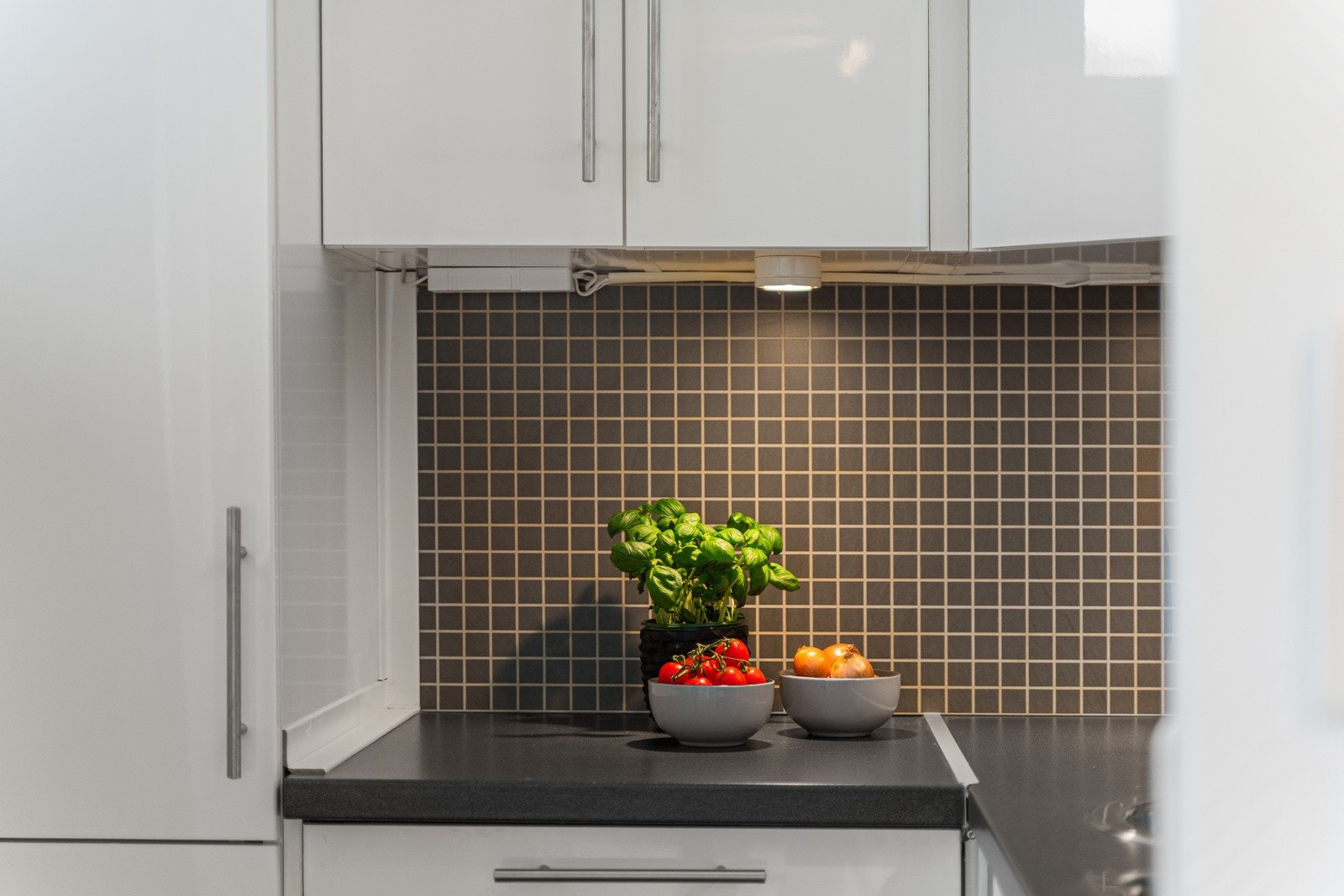 Moderne kjøkken med integrerte hvitevarer, praktisk utforming og stilrene detaljer. Galleribilde