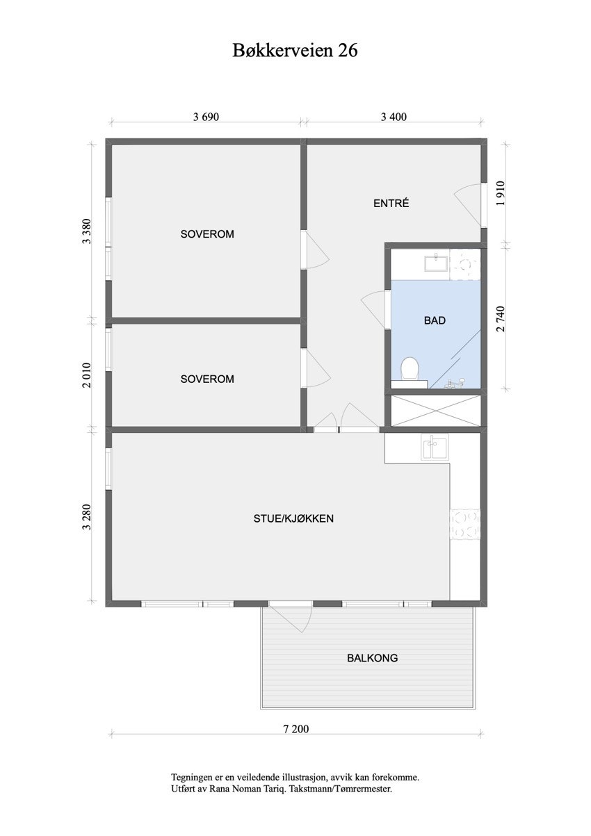 Målsatt plantegning av leiligheten. Galleribilde