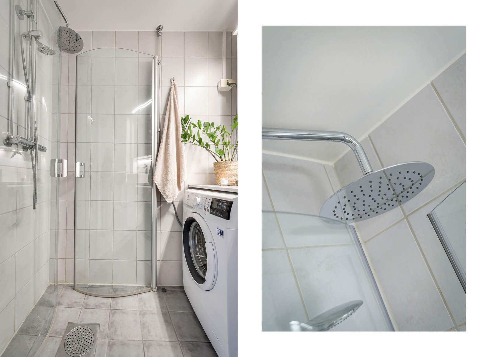 Badet har innfellbare dusjdører og regndusj, opplegg for vaskemaskin og tidløs innredning. Galleribilde