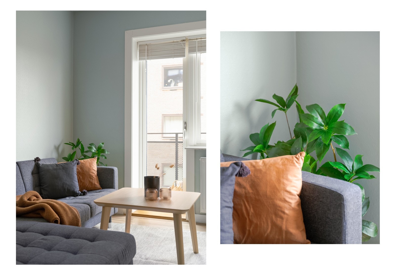 Leiligheten oppleves som lys og trivelig med dagslys strømmende fra de store vindusflatene. Vinduene på denne siden av boligen er fra 2017. Galleribilde