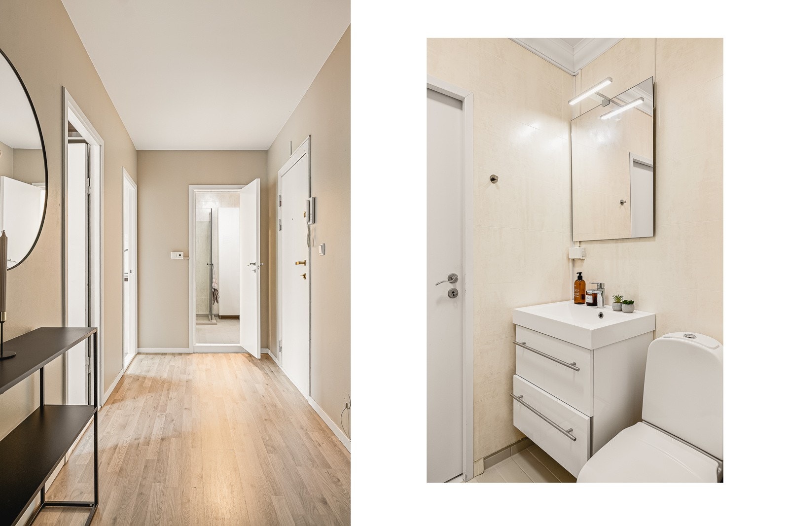 Leilighetens bad har tilkomst fra gangen, badet er praktisk innredet og har en lys og delikat finish. Galleribilde