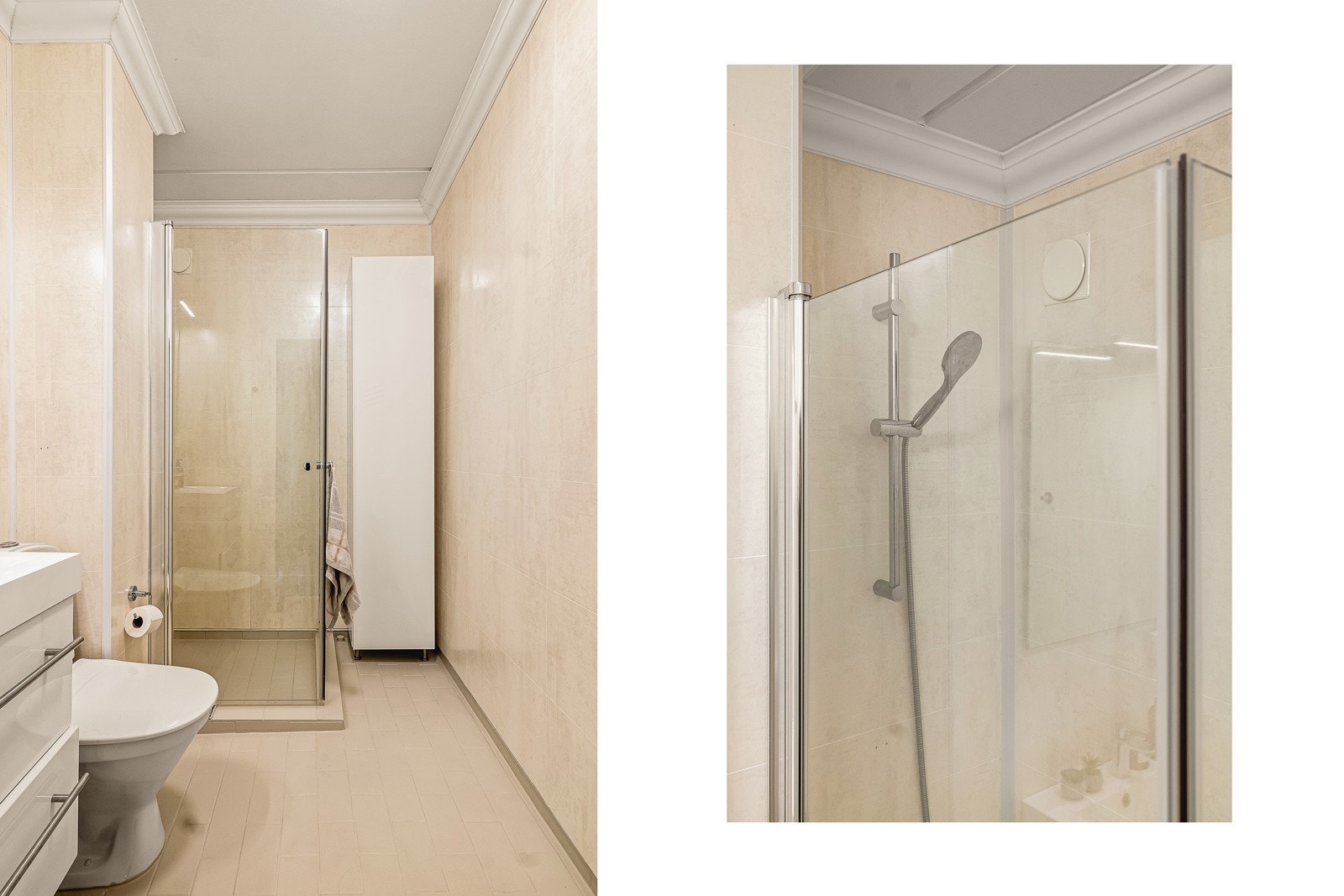 Stor dusj med glassdører og god skapplass på badet. Galleribilde