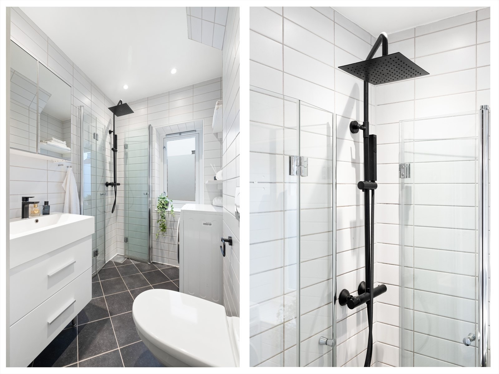 Pent flislagt baderom med innfelt downlights og elektrisk gulvvarme. Badet er innredet med vegghengt klosett, servant med innredning, speilskap med lys og dusjhjørne med svingbare glassdører. Galleribilde