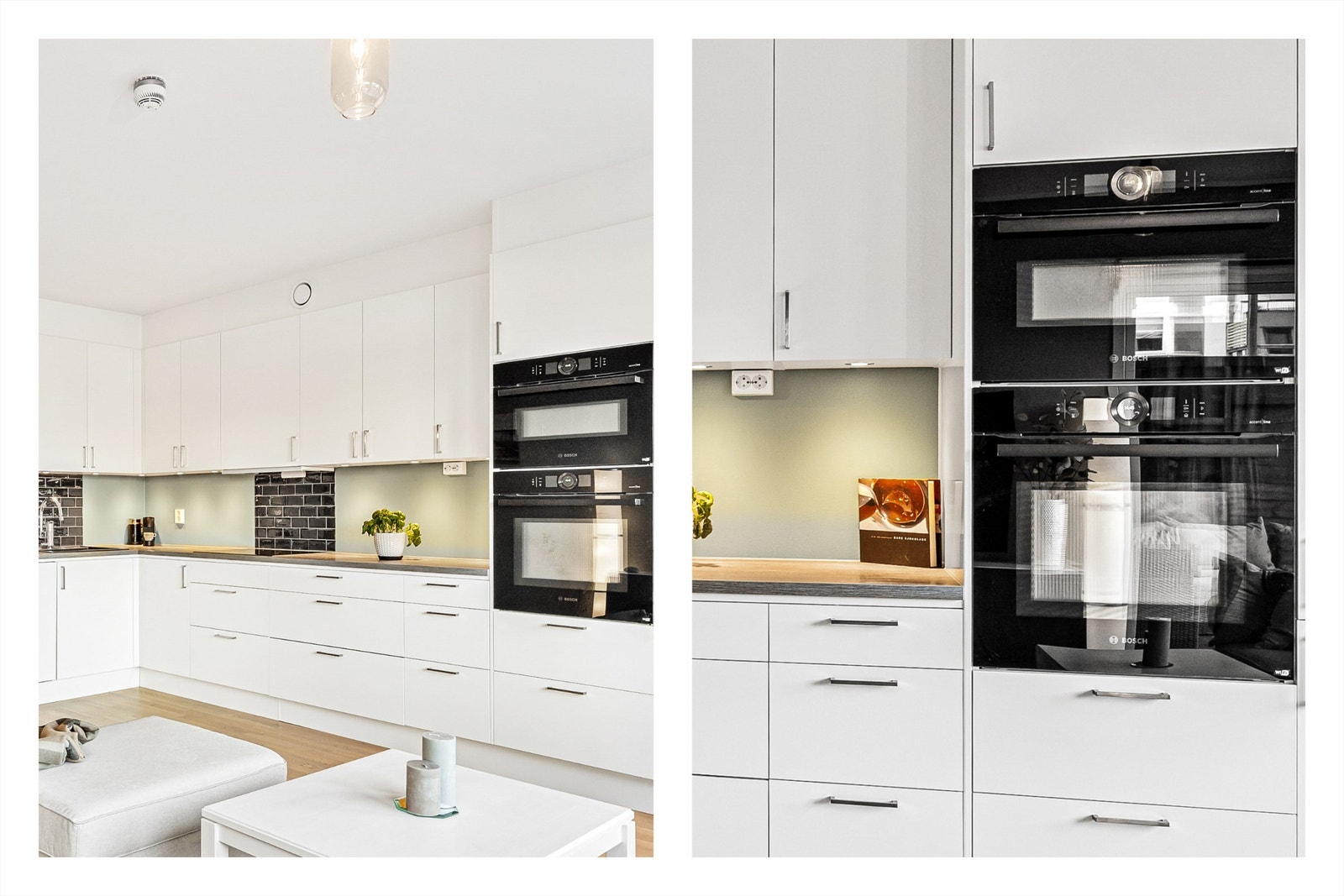 Av integrerte hvitevarer er det platetopp, 2 stekeovner med mikrofunksjon, oppvaskmaskin og kjøleskap med frys. Galleribilde