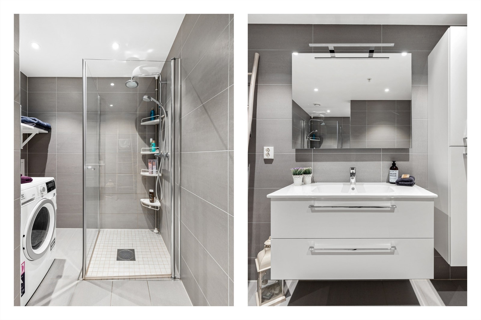 Det er også dusjhjørne med svingbare glassdører og opplegg for vaskemaskin i en naturlig og avgrenset sone i rommet. Galleribilde