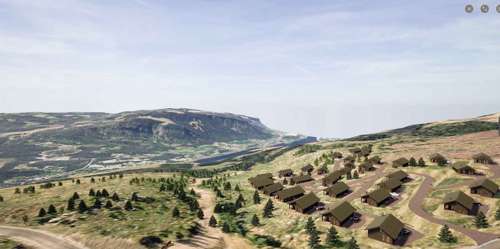 Illustrasjon som viser prosjekterte hytter på feltet. Galleribilde