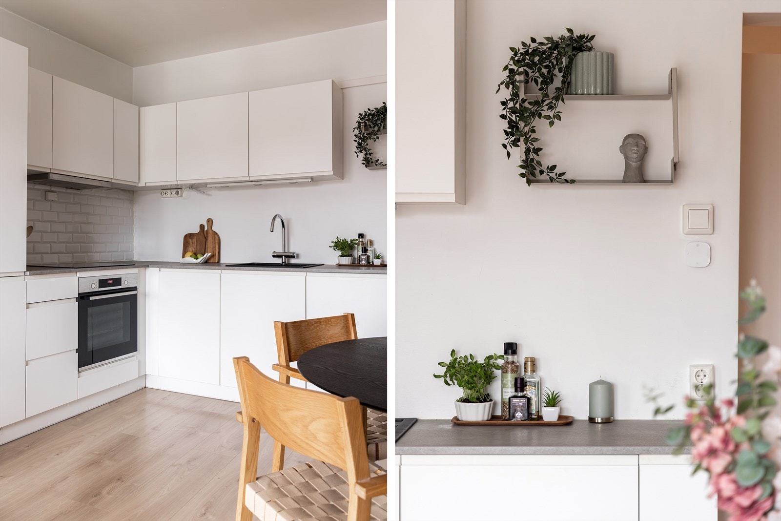 Det er godt med oppbevaringsplass skapene og god plass til matlaging på benken. Galleribilde