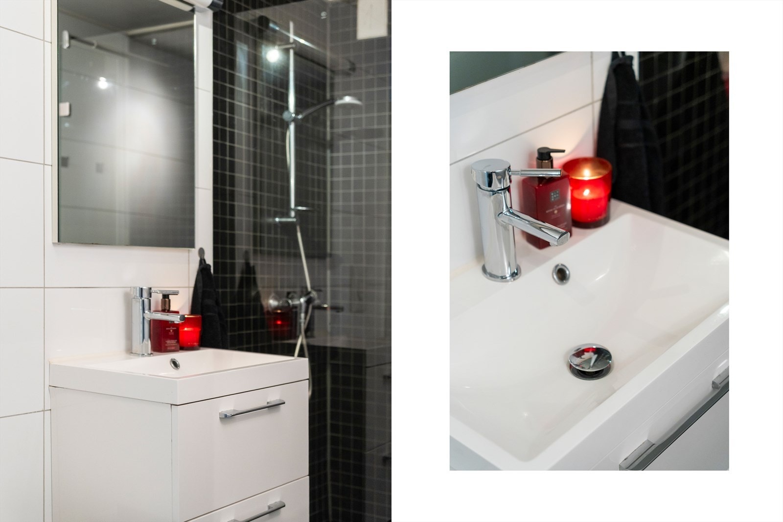 Rommet har fliser på gulv og vegger. Mosaikkfliser i dusjsone. Galleribilde