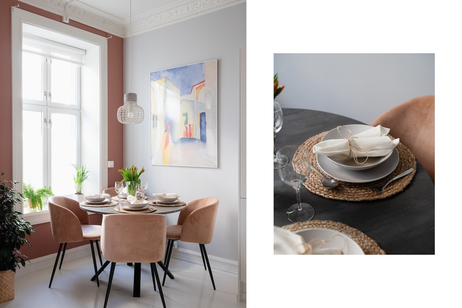 Spisestuen finner sin naturlige plass i hjørnet. Her kan middagsselskapene nytes i mange timer. Galleribilde