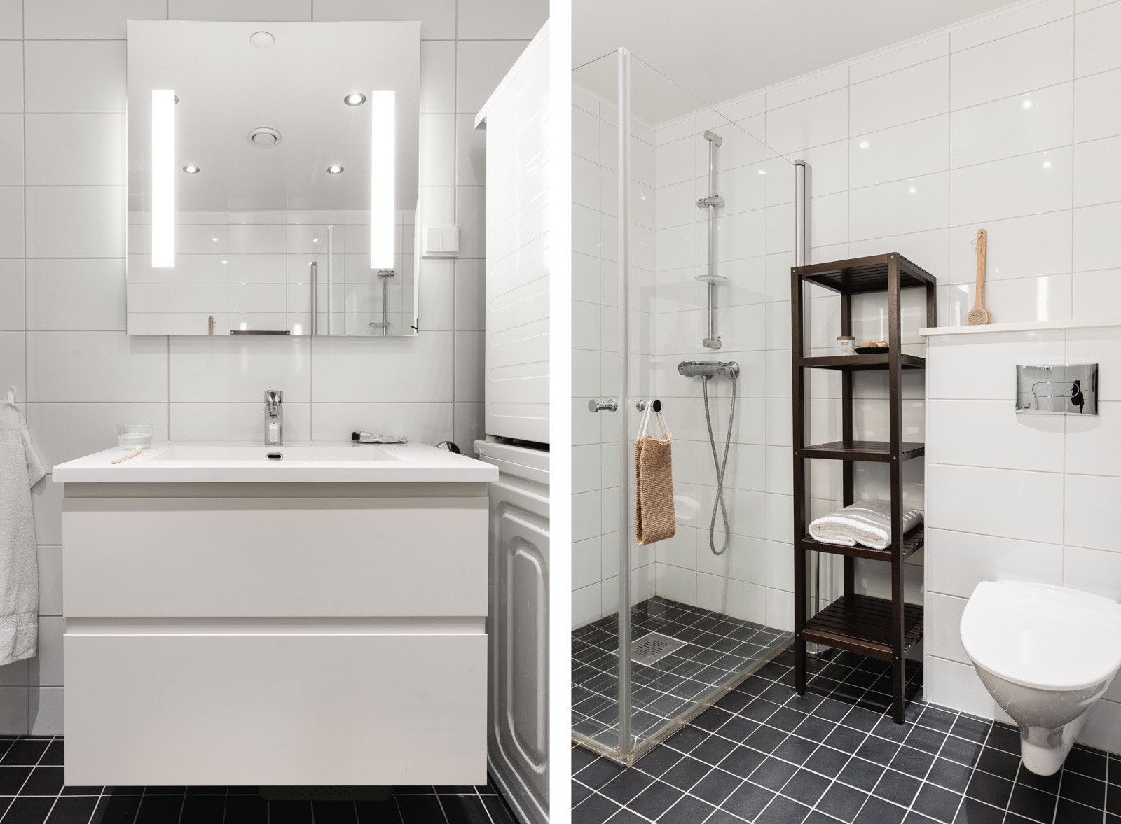 Rommet er innredet med dusj m/glassvegger, vegghengt toalett, baderomsinnredning og opplegg for vaskemaskin. Galleribilde