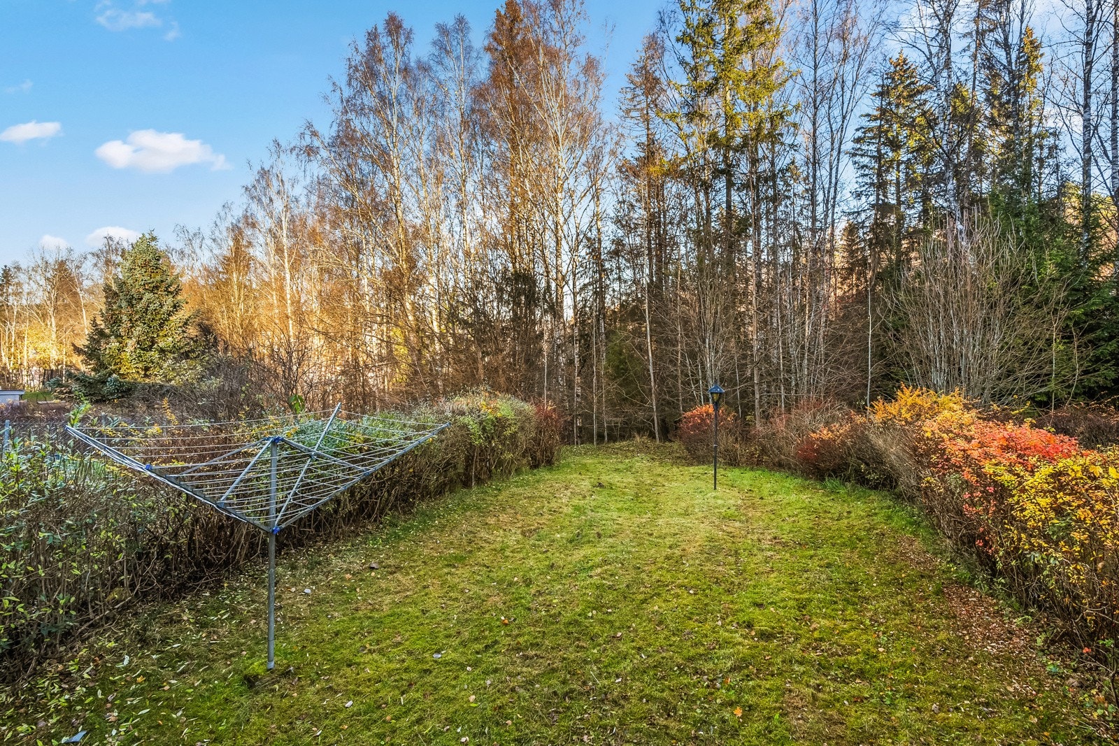 Flott og barnevennlig hagedel beplantet med gressplen og skjermende hekker mot naboene. Galleribilde