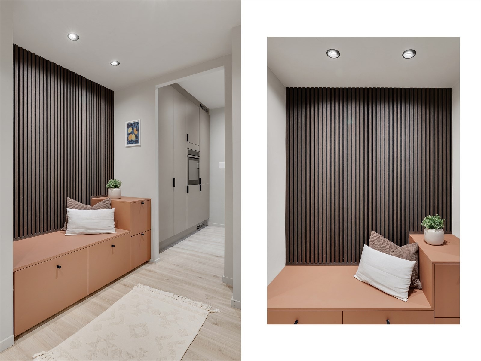 - En smart løsning i hjørnet hvor du har både en sitteplass og muligheten til å gjemme unna ting - Galleribilde