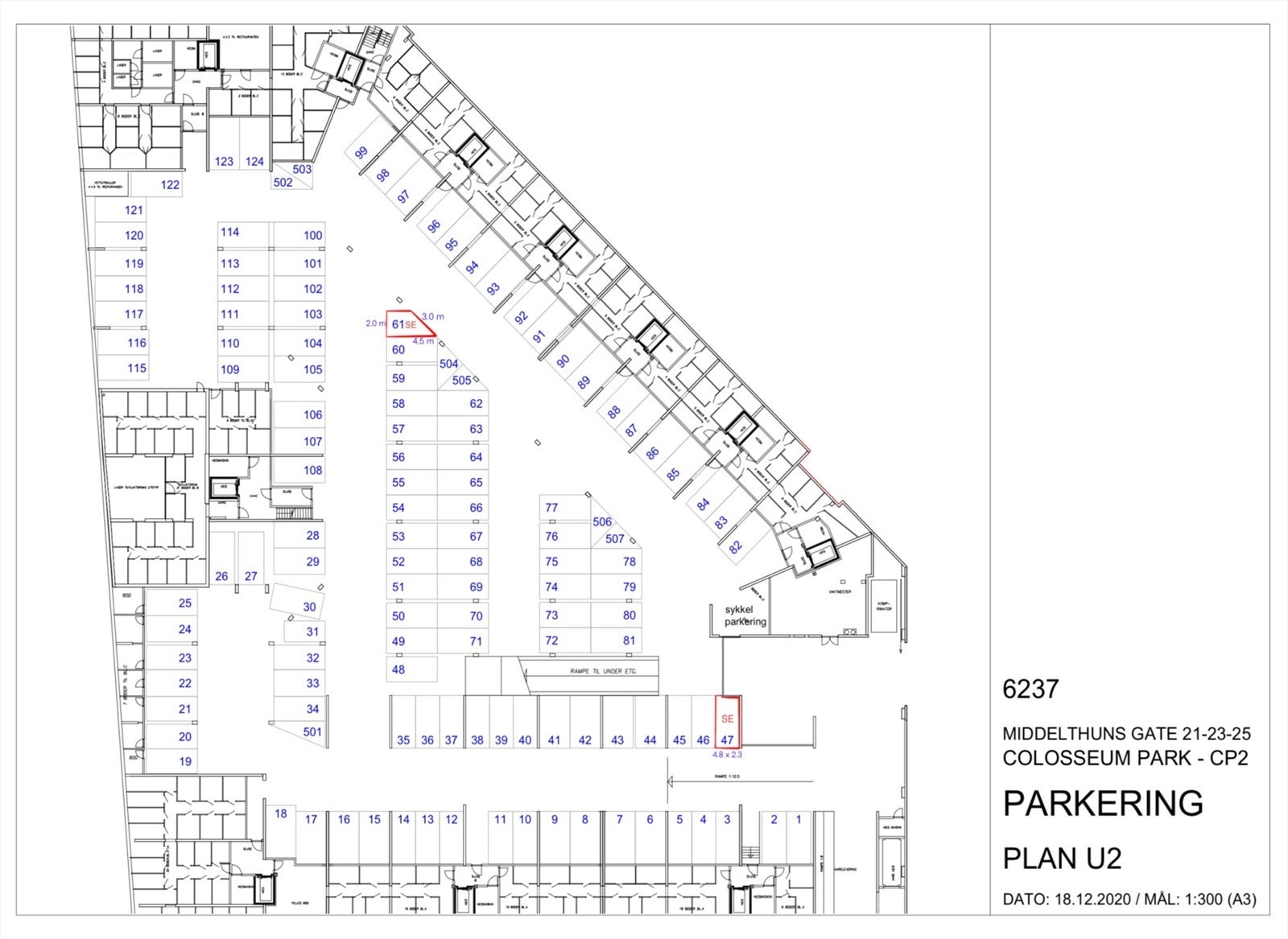 PLan U2 / nedre plan (samme plan som innkjøring) markert med plass 47 Galleribilde