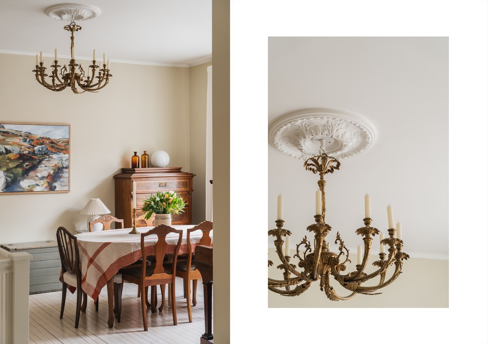 Leiligheten har klassiske detaljer som rosett i himling og originale tregulv Galleribilde