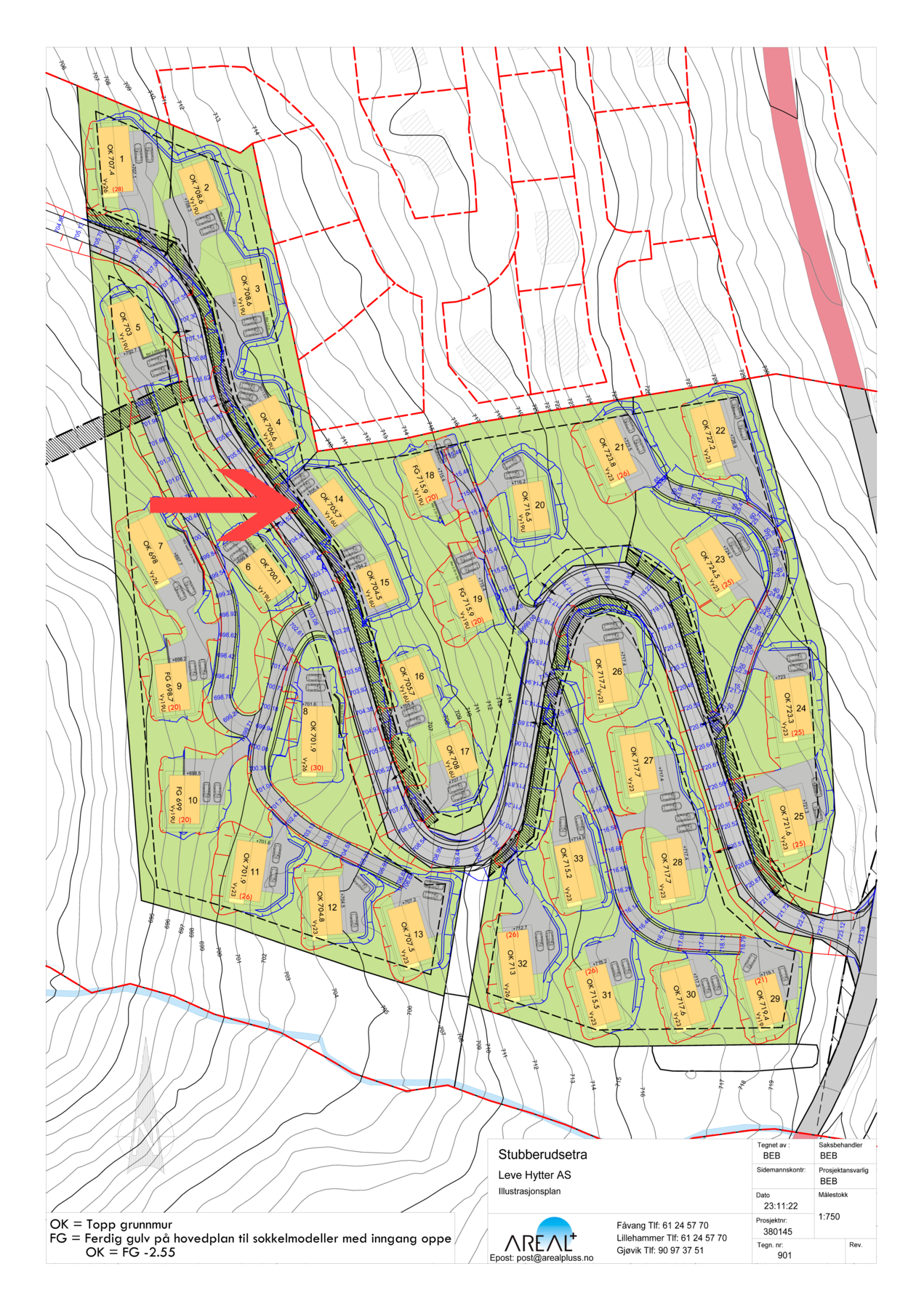 Situasjonsplan Stubberudsætra med tomt 14 markert. Se også vedlagte PDF. Galleribilde