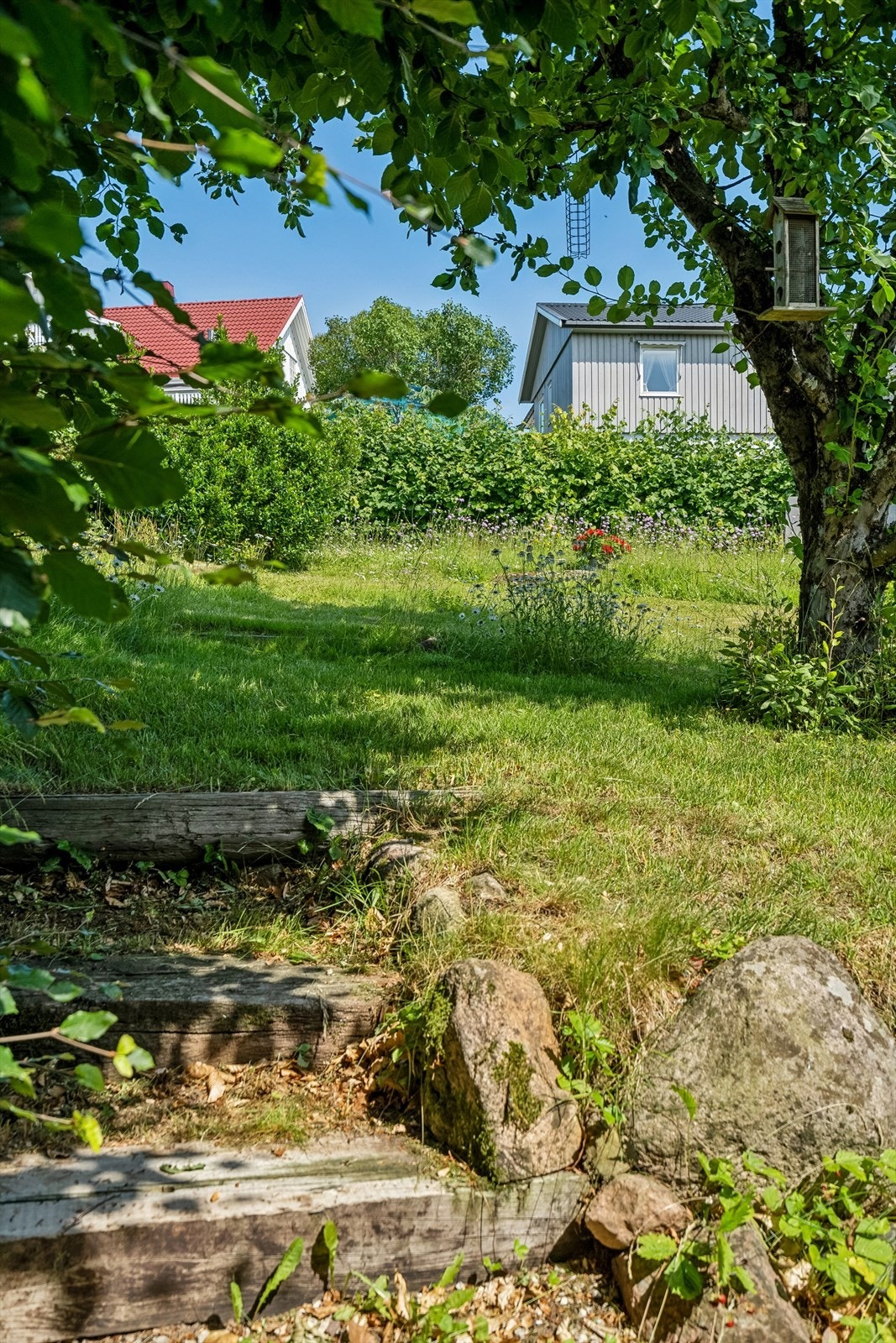 Stort hageareal med mange bruksmuligheter. Her kan man stå i kjøkkenvindu å se fuglelivet i trærne Galleribilde