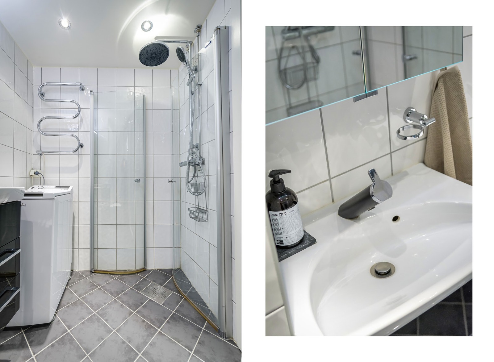 Baderommet ble pusset opp i 2010 i regi av borettslaget. Her er det innfellbare dusjvegger, opplegg for vaskemaskin og regndusj. Galleribilde