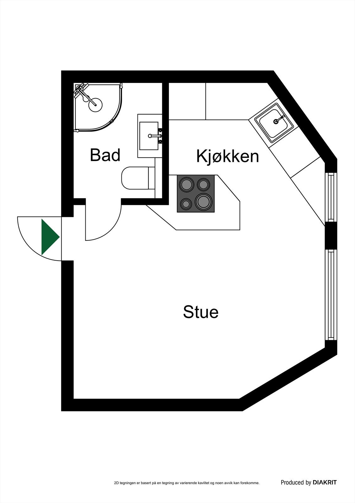 Planskisse. Sovehemsen ligger over kjøkkendelen. Galleribilde