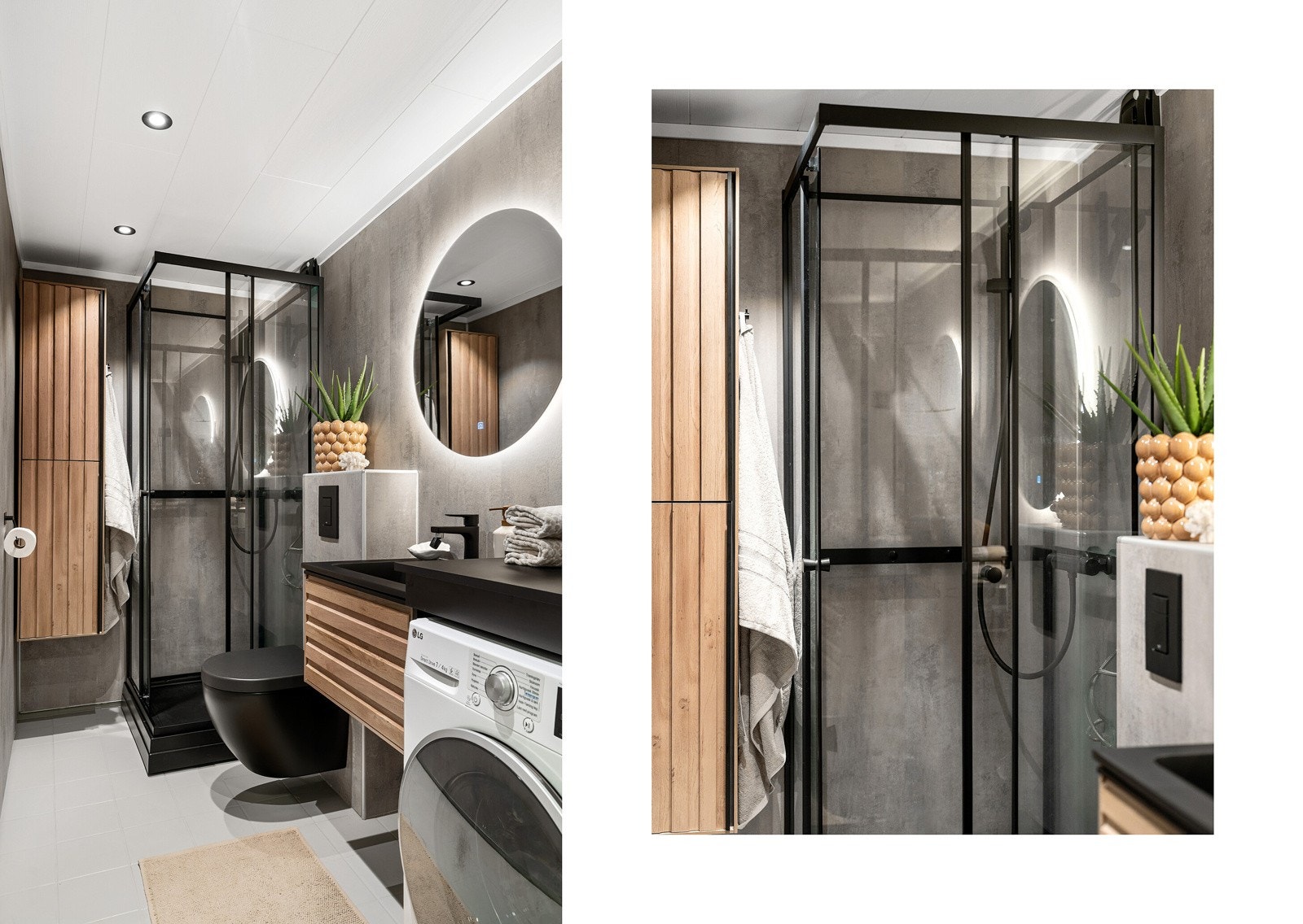 Badet har flislagt gulv med gulvvarme. Flisene ble malt i 2025. Galleribilde