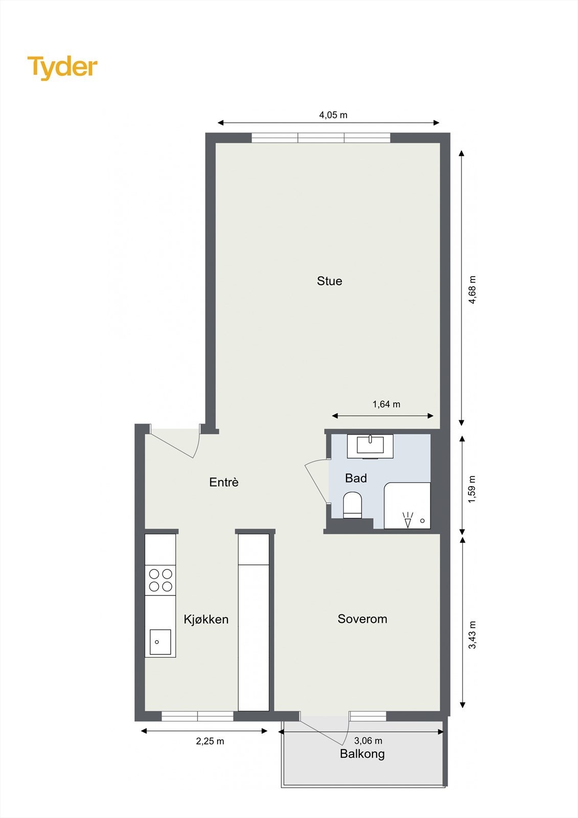 Plantegning - Gjennomgående leilighet med stor stue, separat kjøkken og stort soverom med egen balkong. Galleribilde