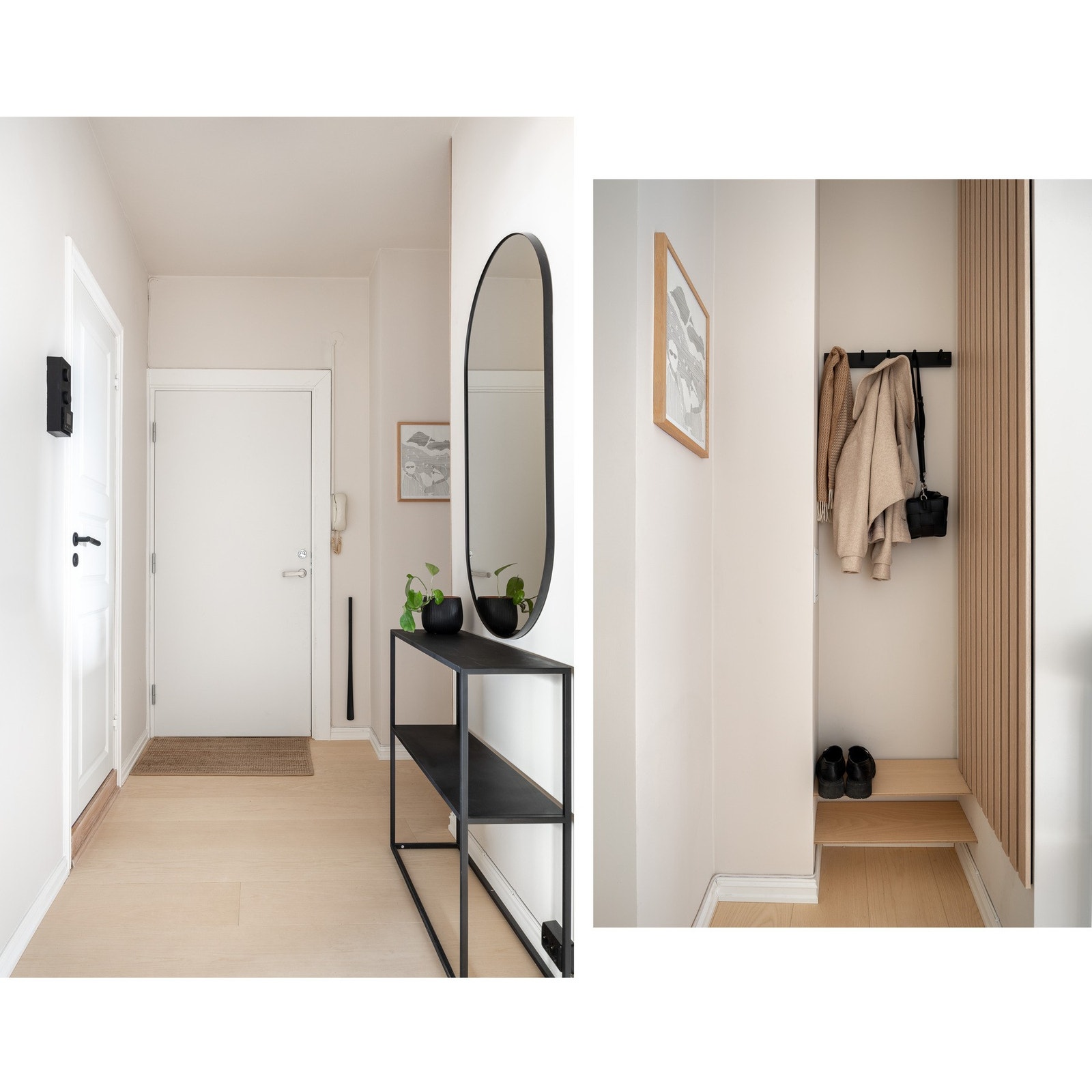 Lys entré med innebygd plass for oppheng av yttertøy og oppbevaring av sko. Galleribilde