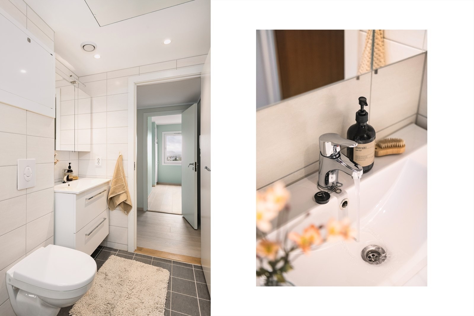 Badet er helfliset og har varmekabler i gulvet, noe som gir en lun og behagelig temperatur året rundt. Galleribilde