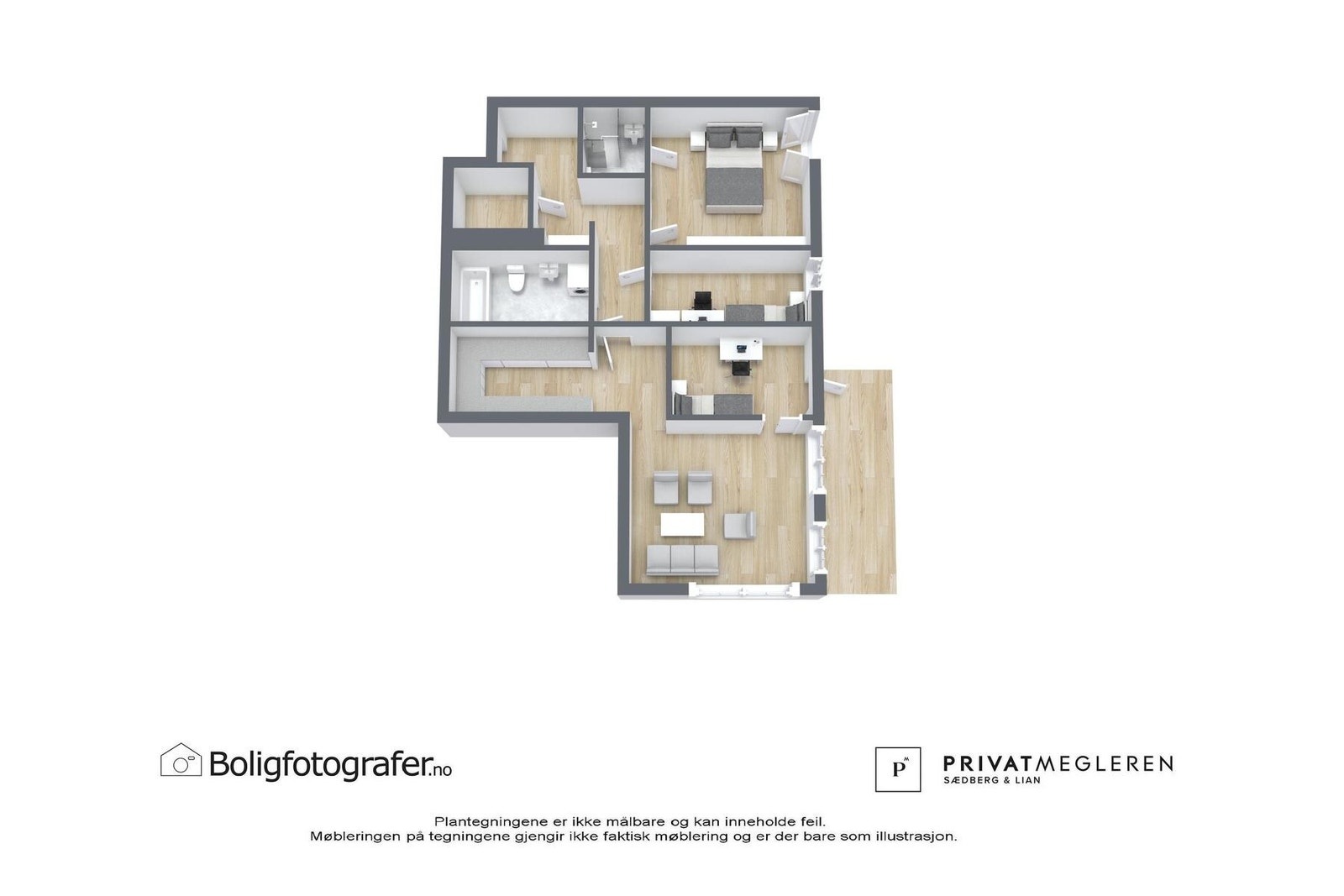 Plantegning 3. etasje - ikke målsatt, kun en illustrasjon. Leiligheten har opprinnelig 2 soverom, men det er etablert et ekstra soverom i en del av stua. Dersom ønskelig kan dette reverseres og leiligheten kan overleveres uten ekstra soverom. Galleribilde