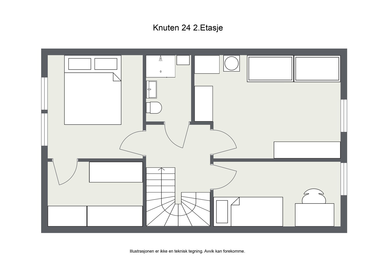 Plantegning 2.etasje. Alle rom i 2. etasje, med unntakt av baderom, ble pusset opp i 2021. Galleribilde
