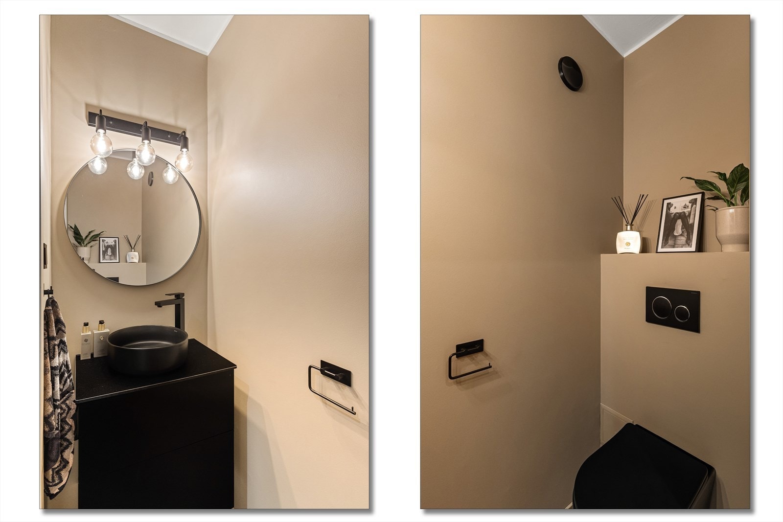 Separat toalettrom innredet med servant og vegghengt toalett i sort utførelse Galleribilde