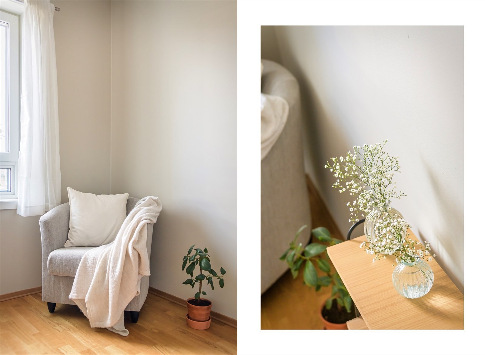 Overflatene er malt i en lun og behagelig farge og gulvet er dekket med parkett. Galleribilde