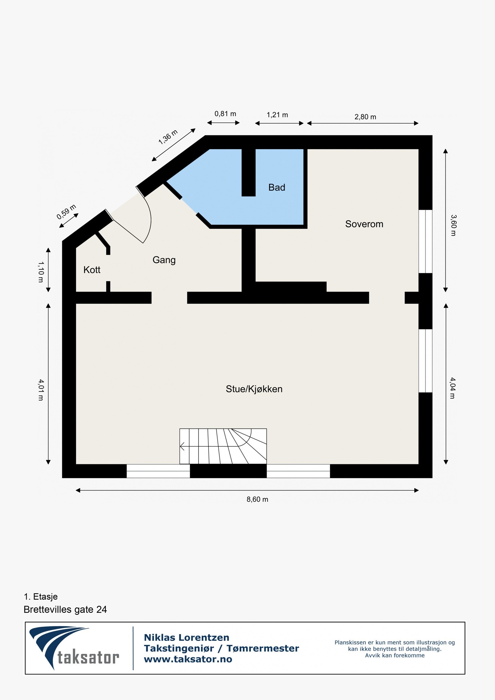 Første etasje inneholder entré, stue med kjøkken, bad og hovedsoverom. Galleribilde