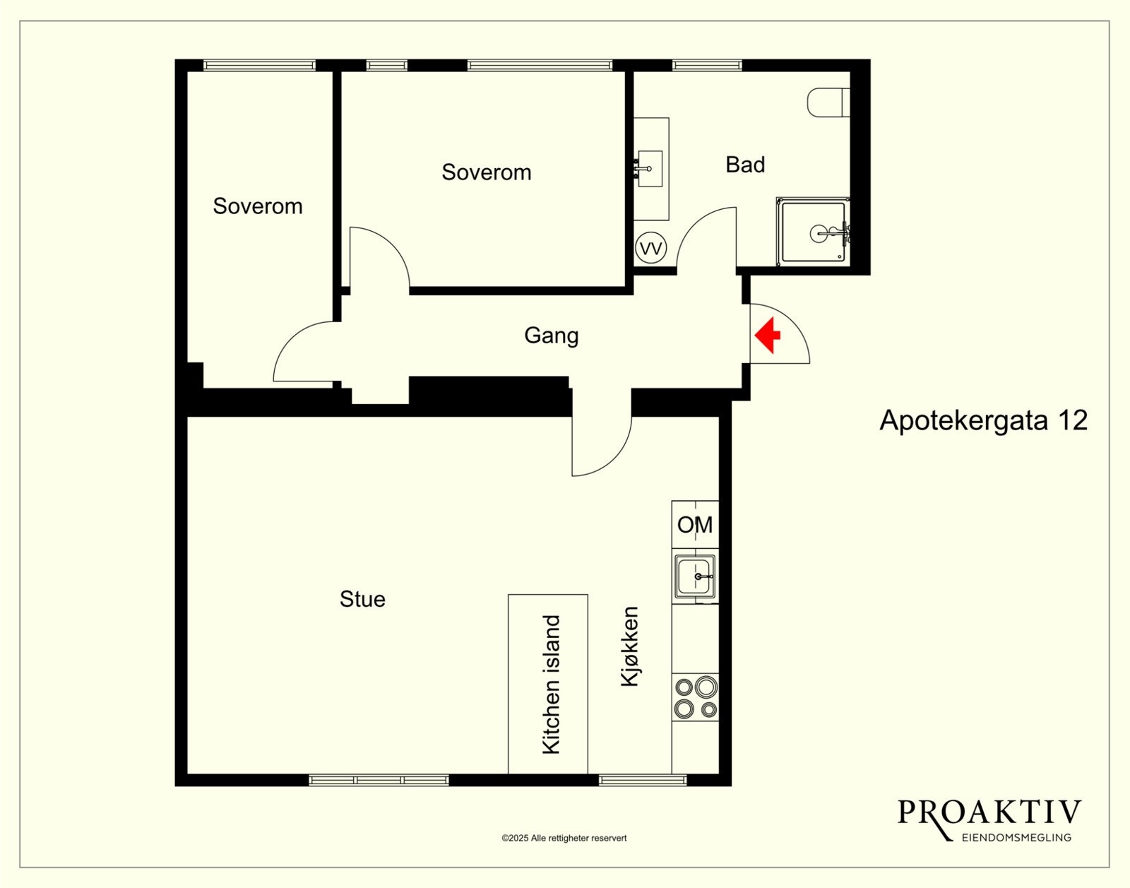 Leiligheten måler 65 kvadratmeter, og planløsningen til ser slik ut. I tillegg har man én bod på loftet og én bod i bakgården. Galleribilde