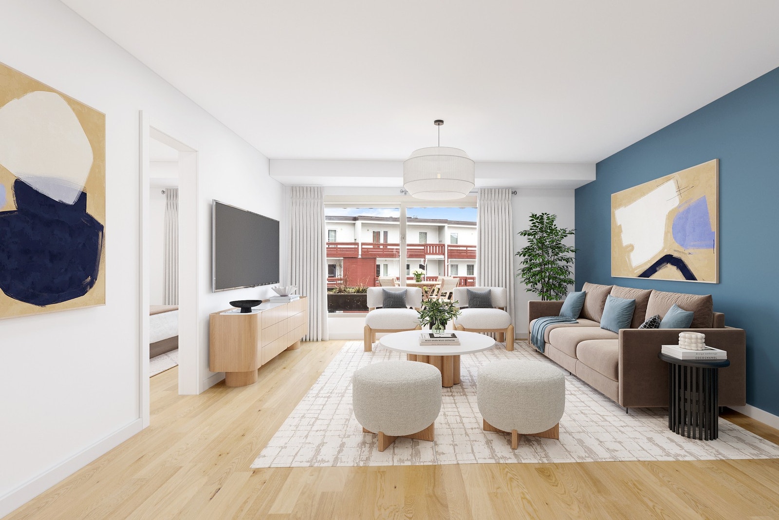 Leiligheten byr på flere fine og sosiale oppholdssoner - digital styling benyttet. Galleribilde