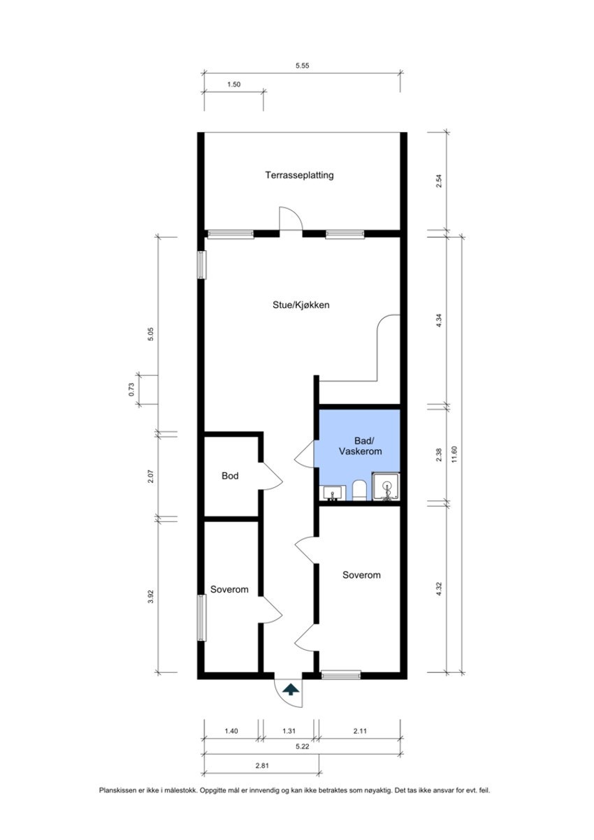 Plantegning for leiligheten. Bod i leiligheten er benyttet som walk-in closet, Galleribilde