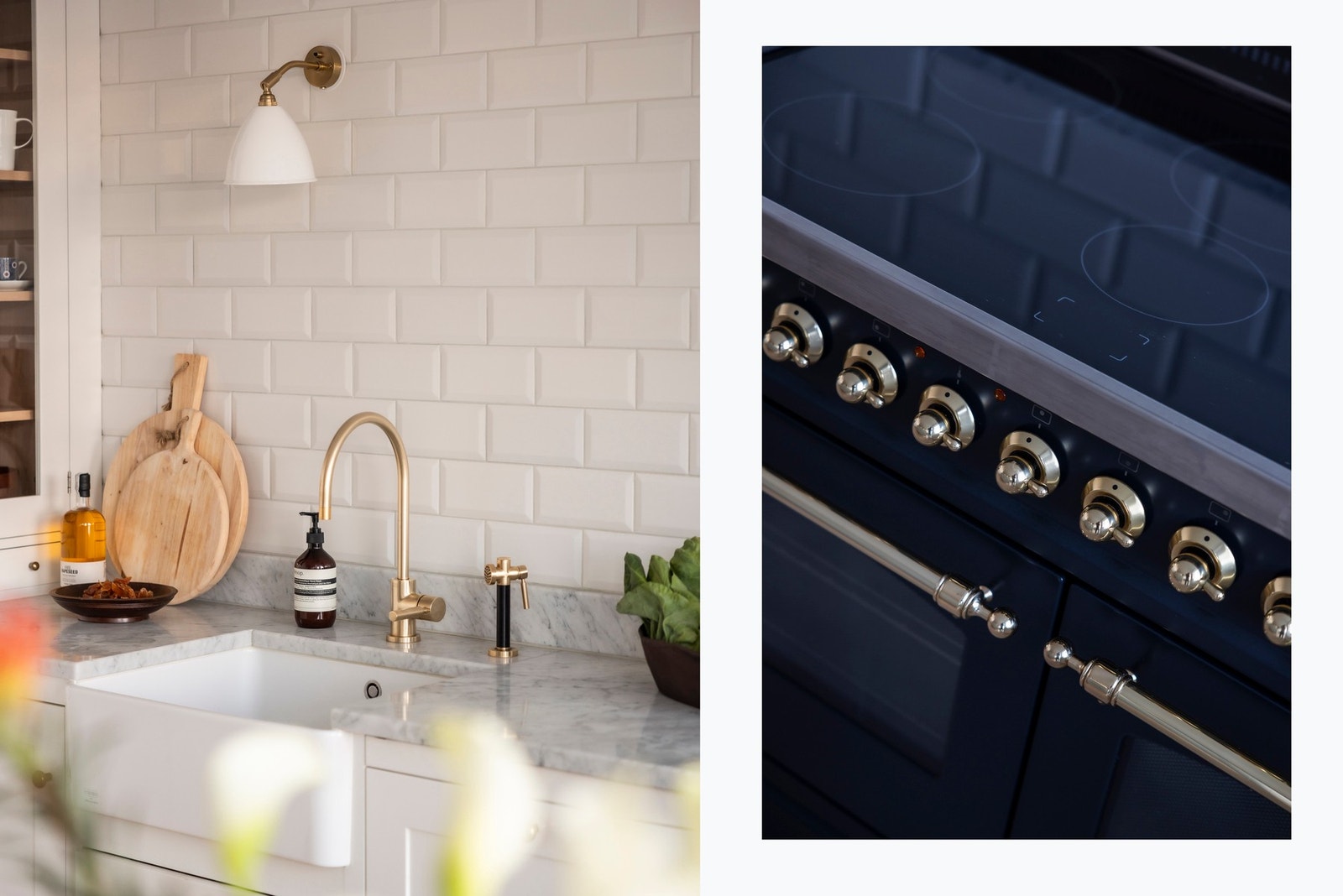 Skaphåndtak, tappekran og redskapsoppheng er forgylt og gir en elegant touch. Galleribilde