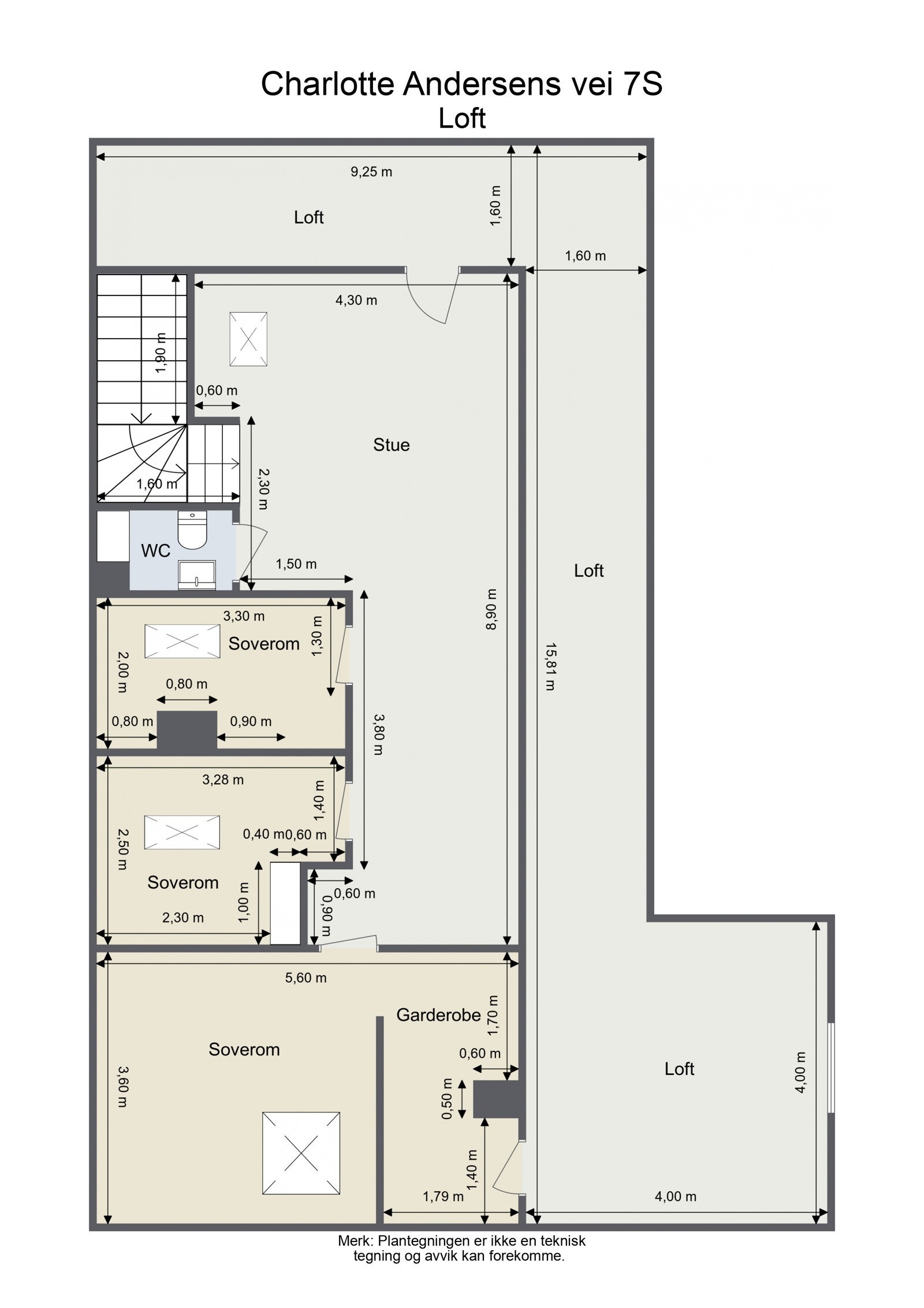 Plantegning med mål loft. Galleribilde
