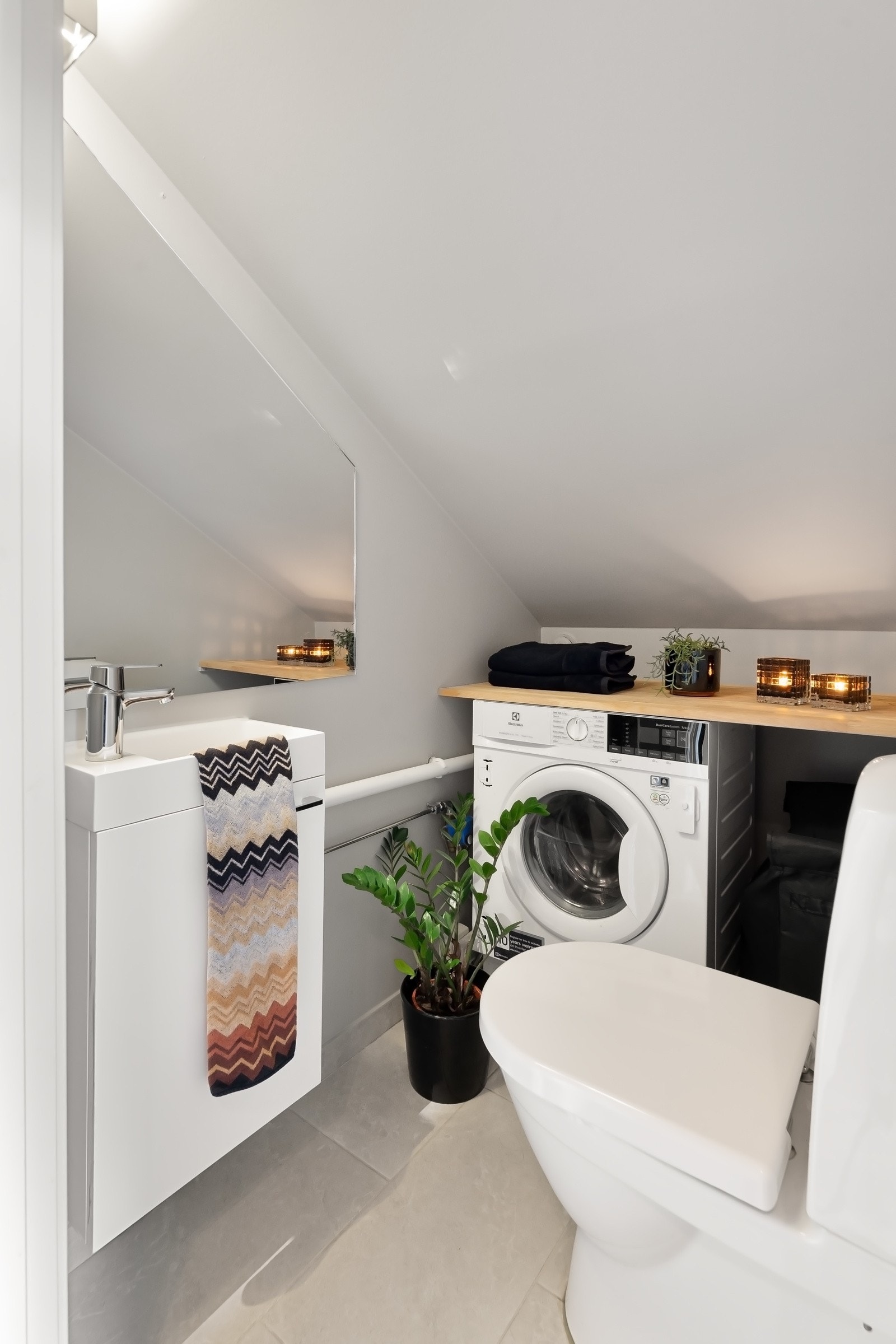 Praktisk toalett med opplegg for vaskemaskin og waterguard. Galleribilde