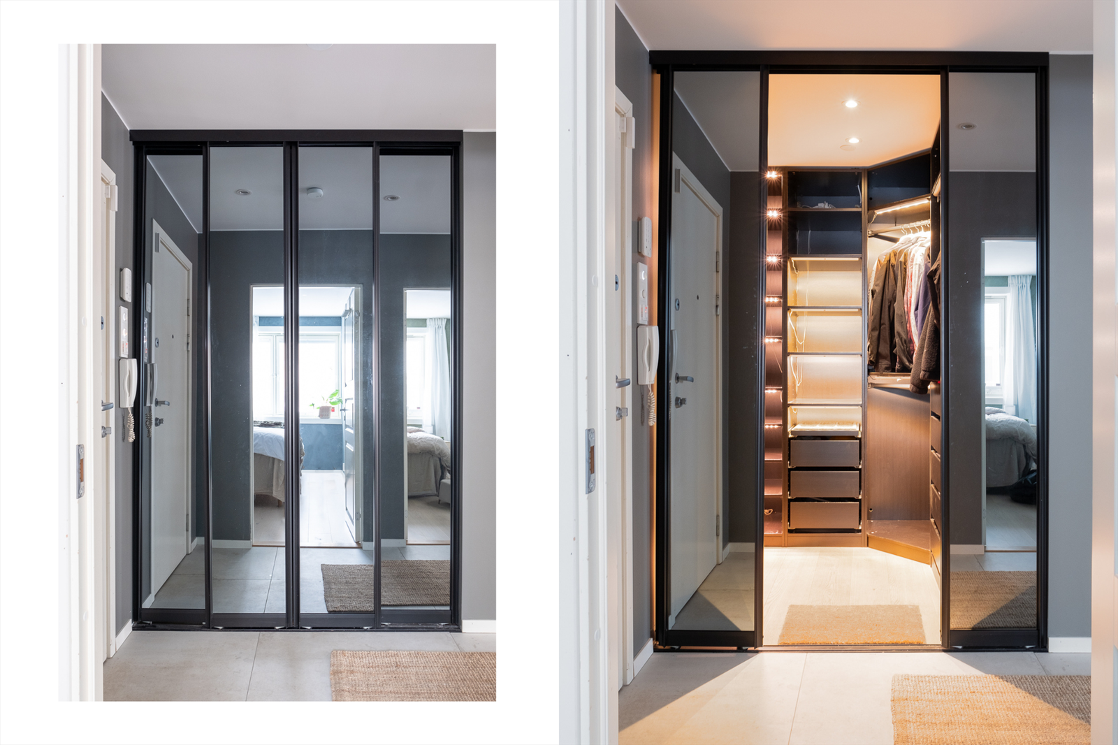 Her er det rikelig med plass til å henge fra seg yttertøyet og sette fra seg sko i tilknyttet garderobe/bod med skapinnredning. Leiligheten har for øvrig godt med lagringsplass i loftsbod og to kjellerboder. Galleribilde