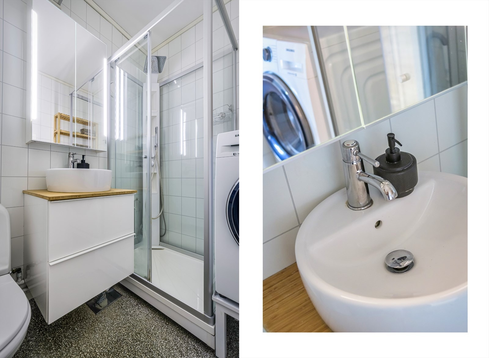 Badet består av dusjkabinett, servant i innredning, speil med skap og lysarmatur, toalett og opplegg for vaskemaskin Galleribilde