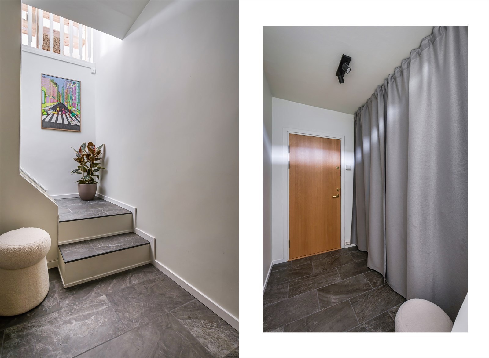 Nyoppusset og innbydende entré med stilrene fliser og praktisk oppbevaring. Gardinløsningen dekker, kurver, knagger, kleshengere, jakker og sko - og gir et ryddig uttrykk. Galleribilde