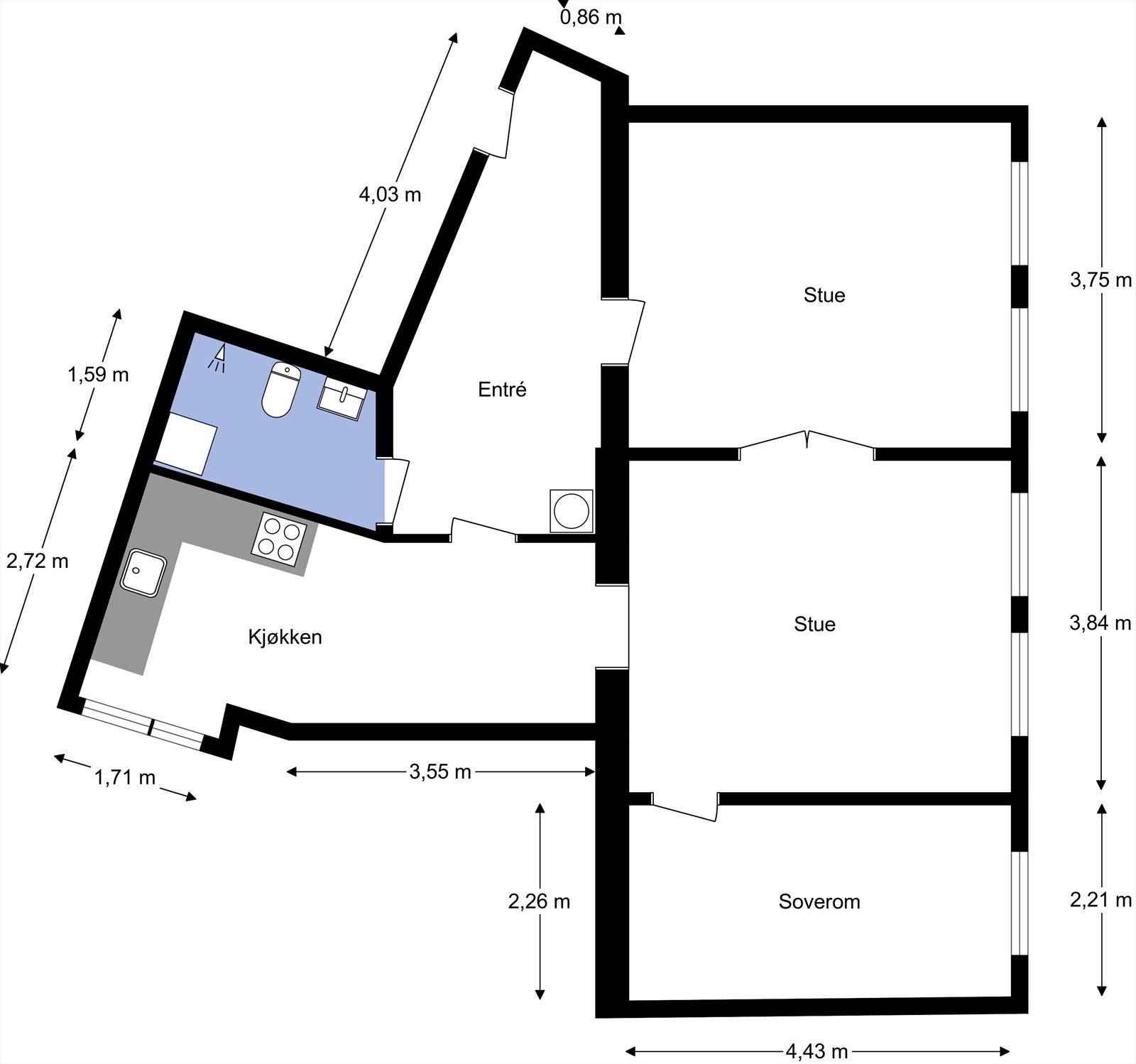 Plantegning fra takstmann. Leiligheten inneholder entré, kjøkken, to stuer, soverom og baderom. To boder for lagring medfølger også. Galleribilde