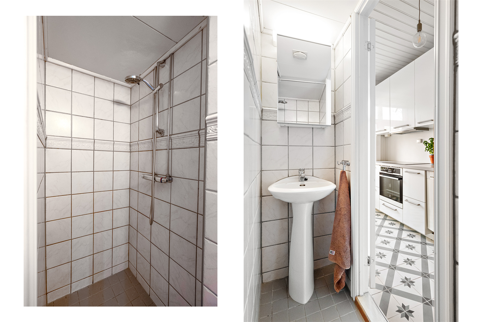 Flislagt, baderom bestående av dusjnisje, servant og overskap. Selger opplyser at varmekablene på badet er defekt. Galleribilde