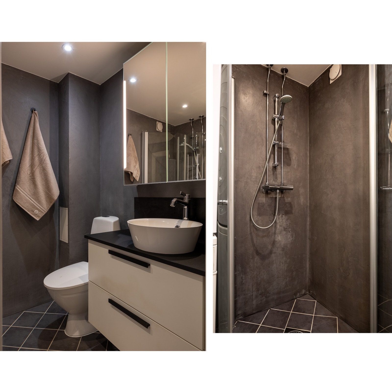 Badet har senere blitt overflateoppgradert i 2019/2020, blant annet med lakkert mikrosement på vegger. Mikrosementen gir et moderne og røft uttrykk samtidig som det er lett å rengjøre. Galleribilde