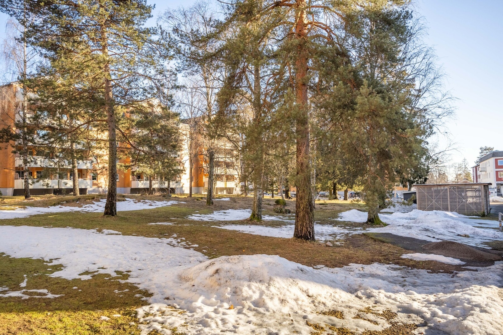 Tomten er pent opparbeidet med flere lekeplasser og sittebenker, skøytebane om vinteren og store grøntområder med store trær som deler av tomten. Galleribilde