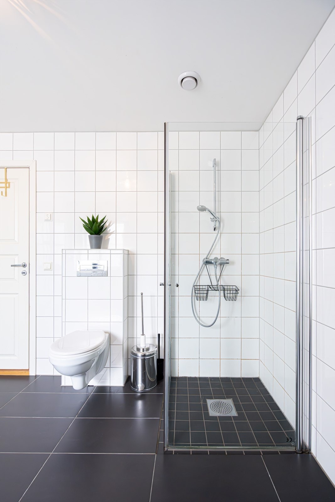 Her har du vegghengt toalett og dusjhjørne med glassdører. Galleribilde